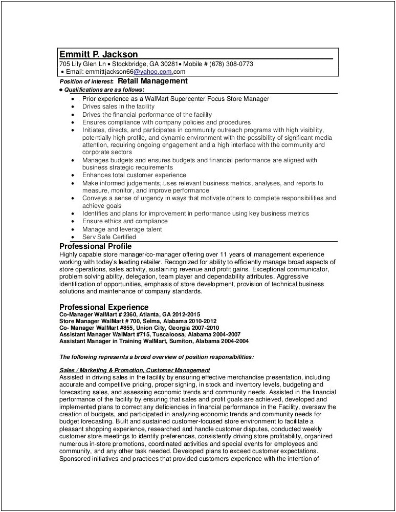 Walmart Assistant Manager Job Description Resume