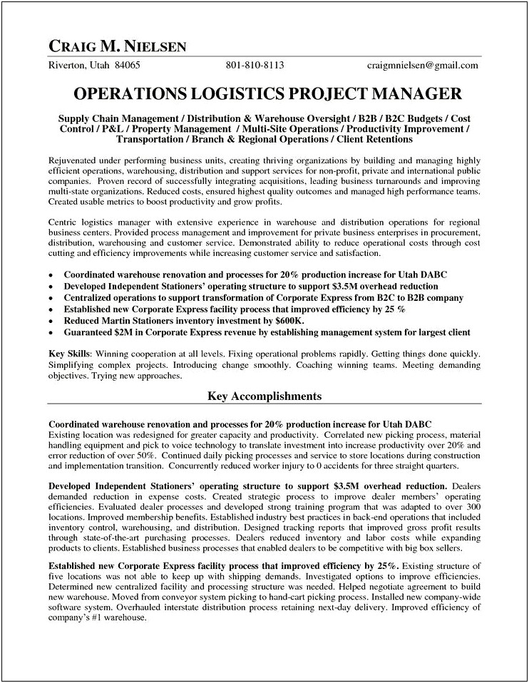 Warehouse And Logistics Operations Manager Resume