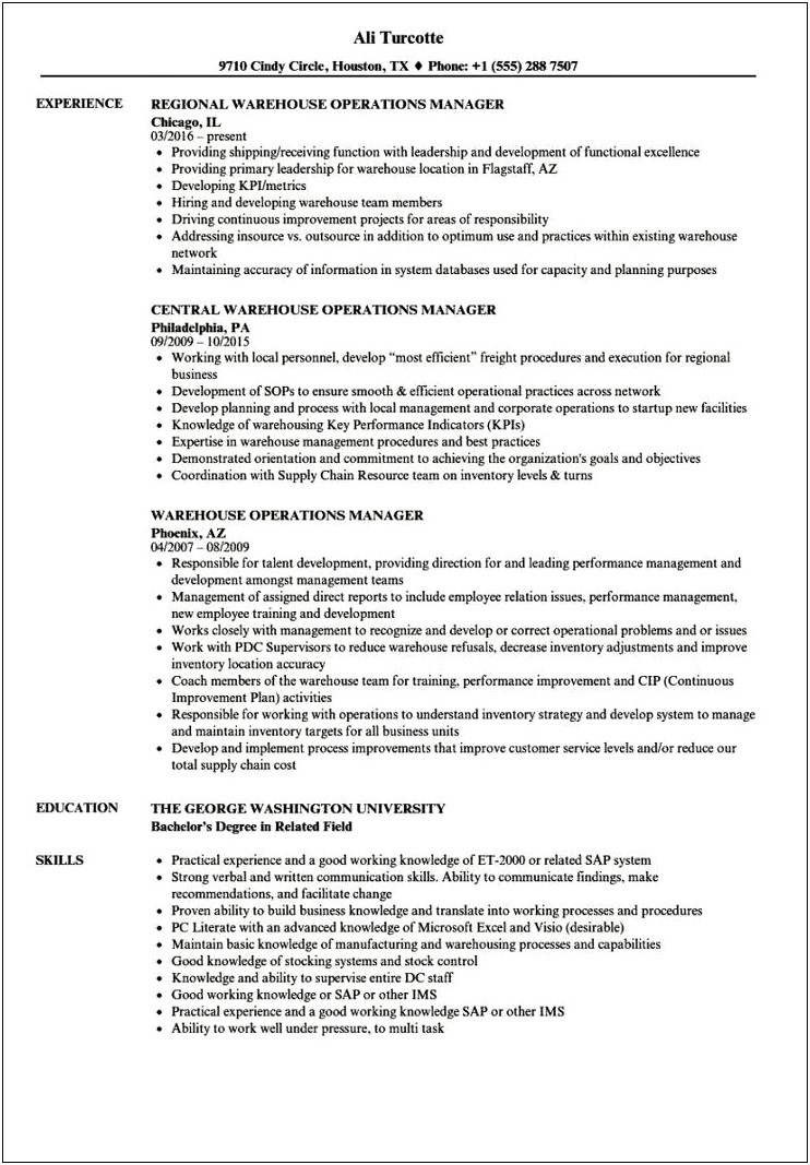 Warehouse Manager Assistant Job Description For Resume