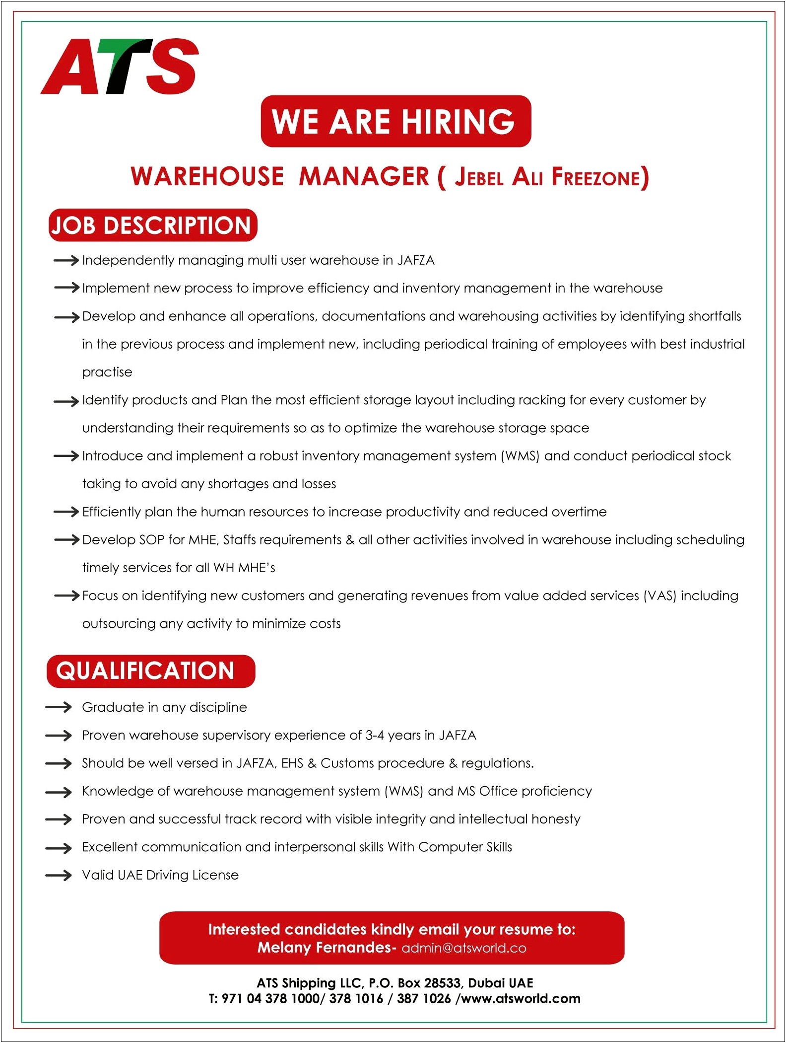 Warehouse Manager Trainee Job Description On Resume