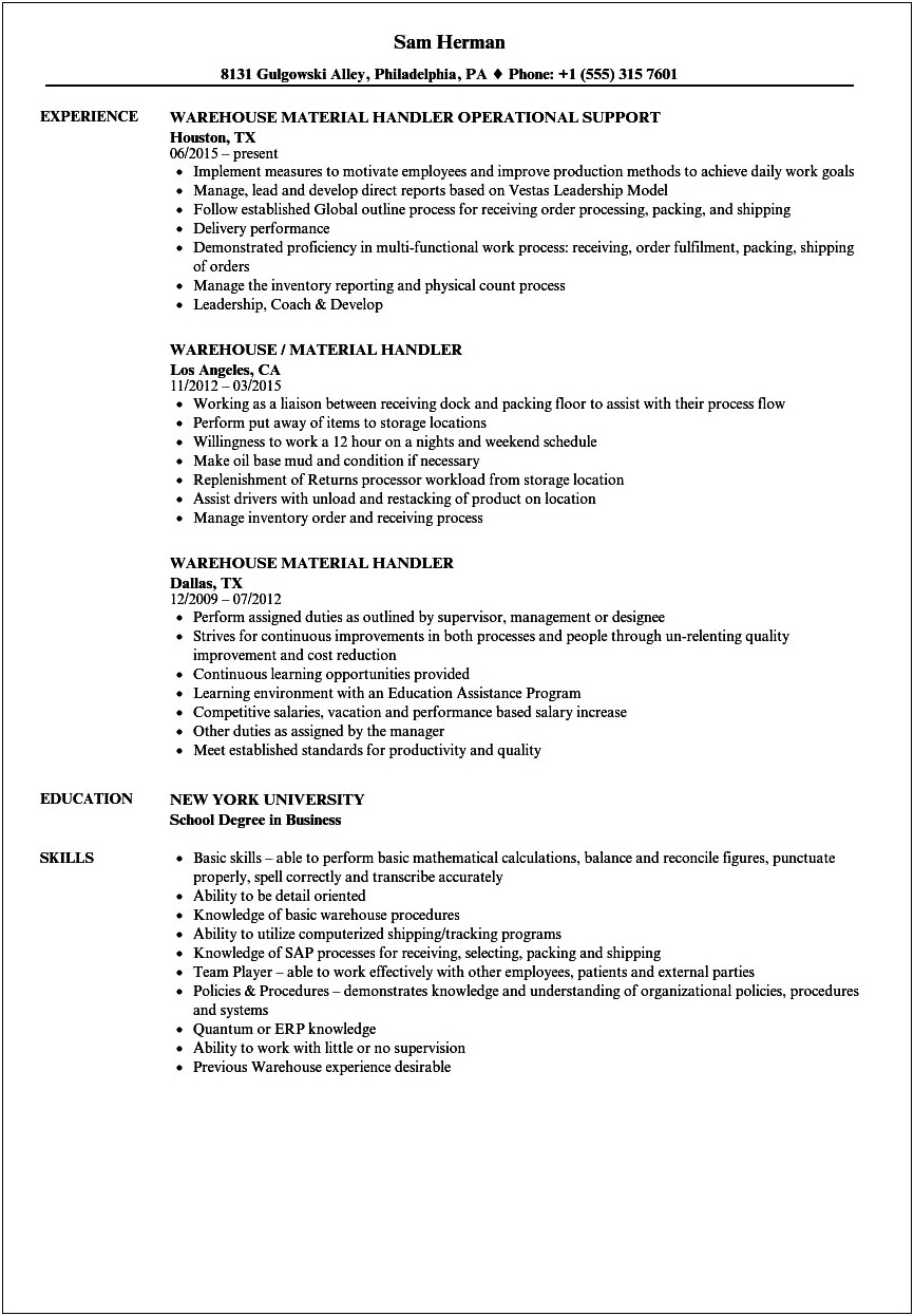 Warehouse Material Handler Resume With No Work Experience