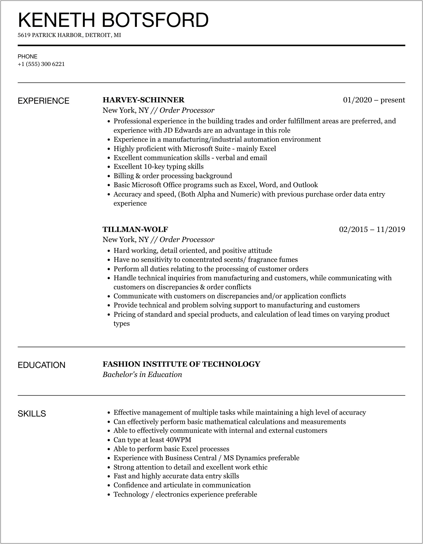 Warehouse Order Processor Job Description Resume