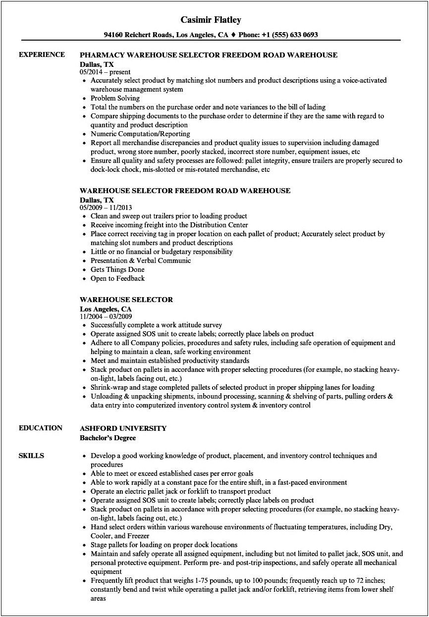 Warehouse Receiving Job Description For Resume