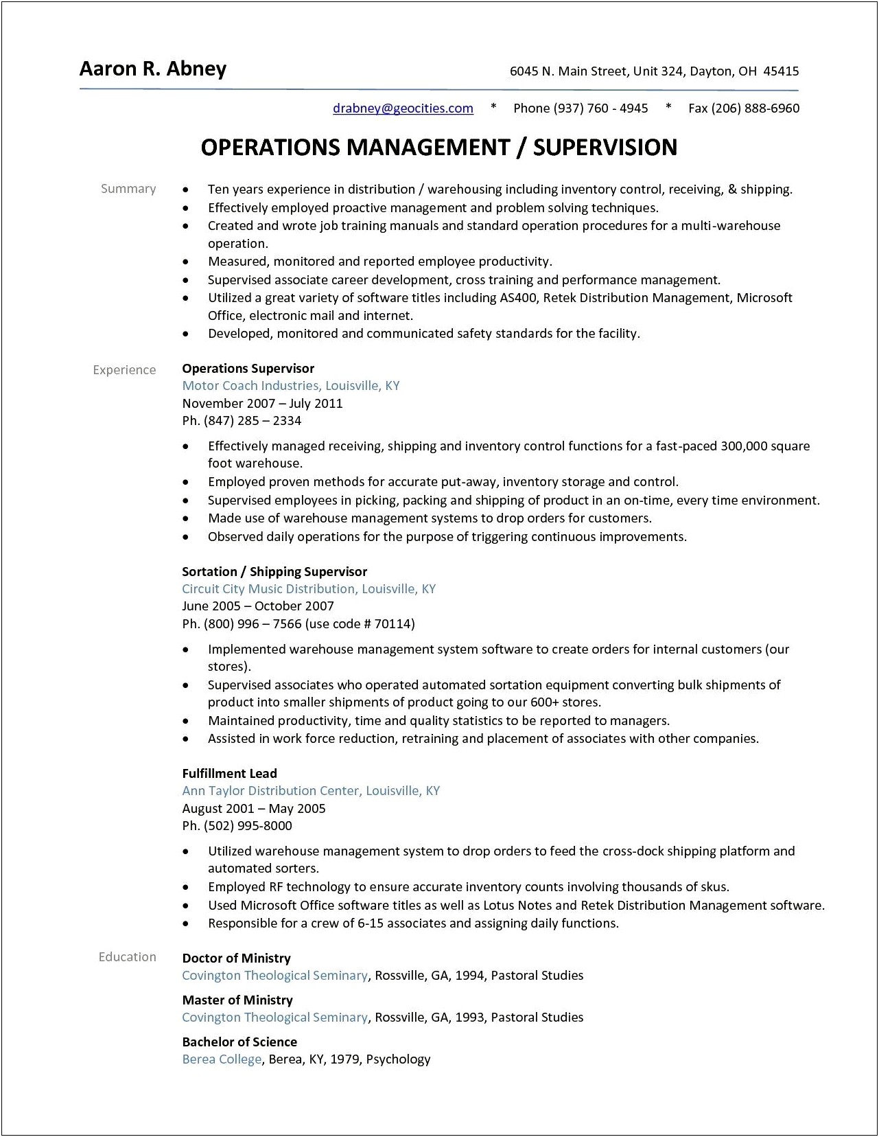 Warehouse Shipping And Receiving Manager Resume