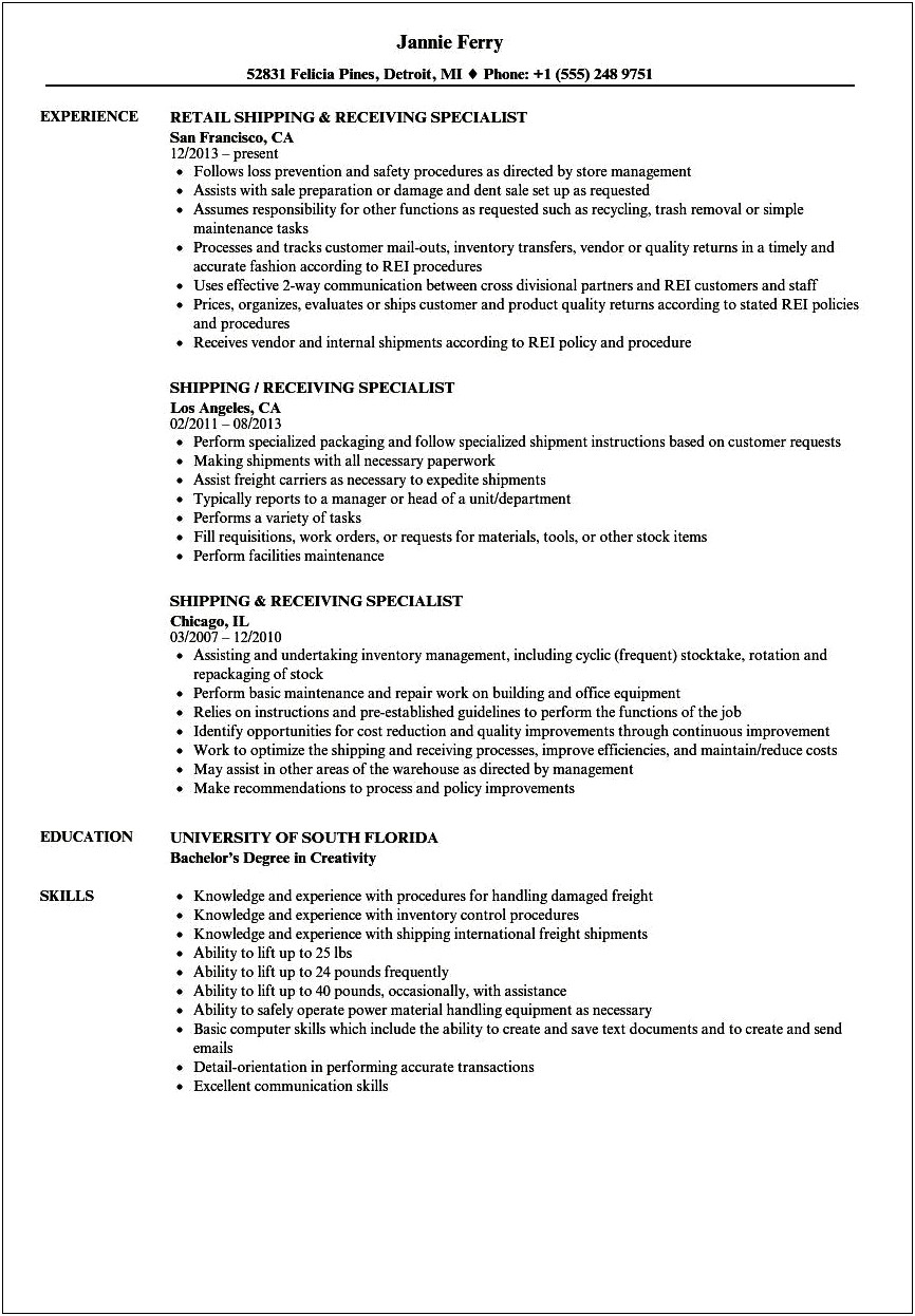 Warehouse Shipping And Receiving Resume Example