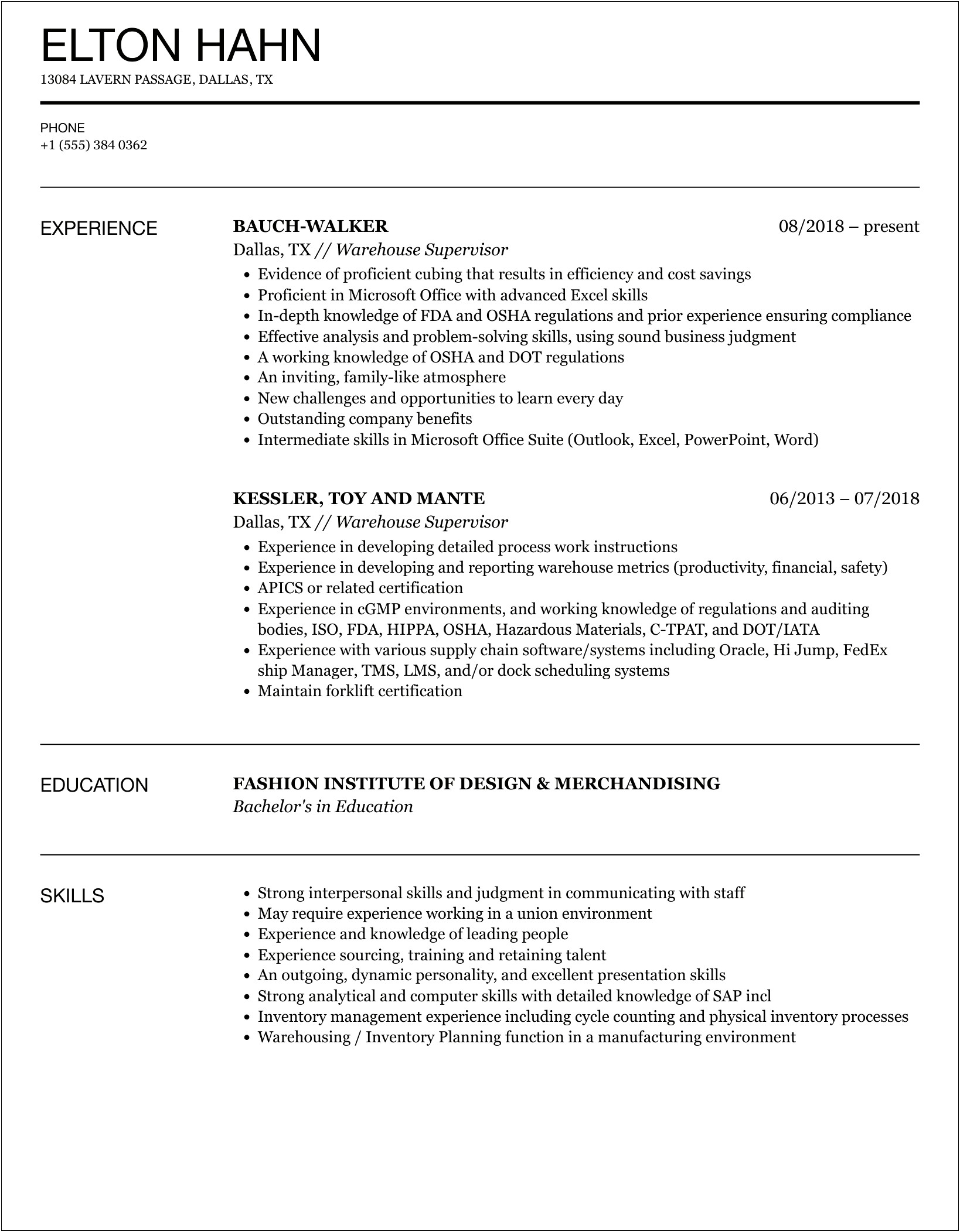 Warehouse Supervisor Job Description Sample Resume