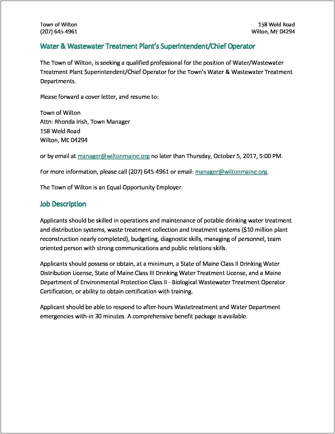 Wastewater Treatment Plant Operator Resume Cover Letter