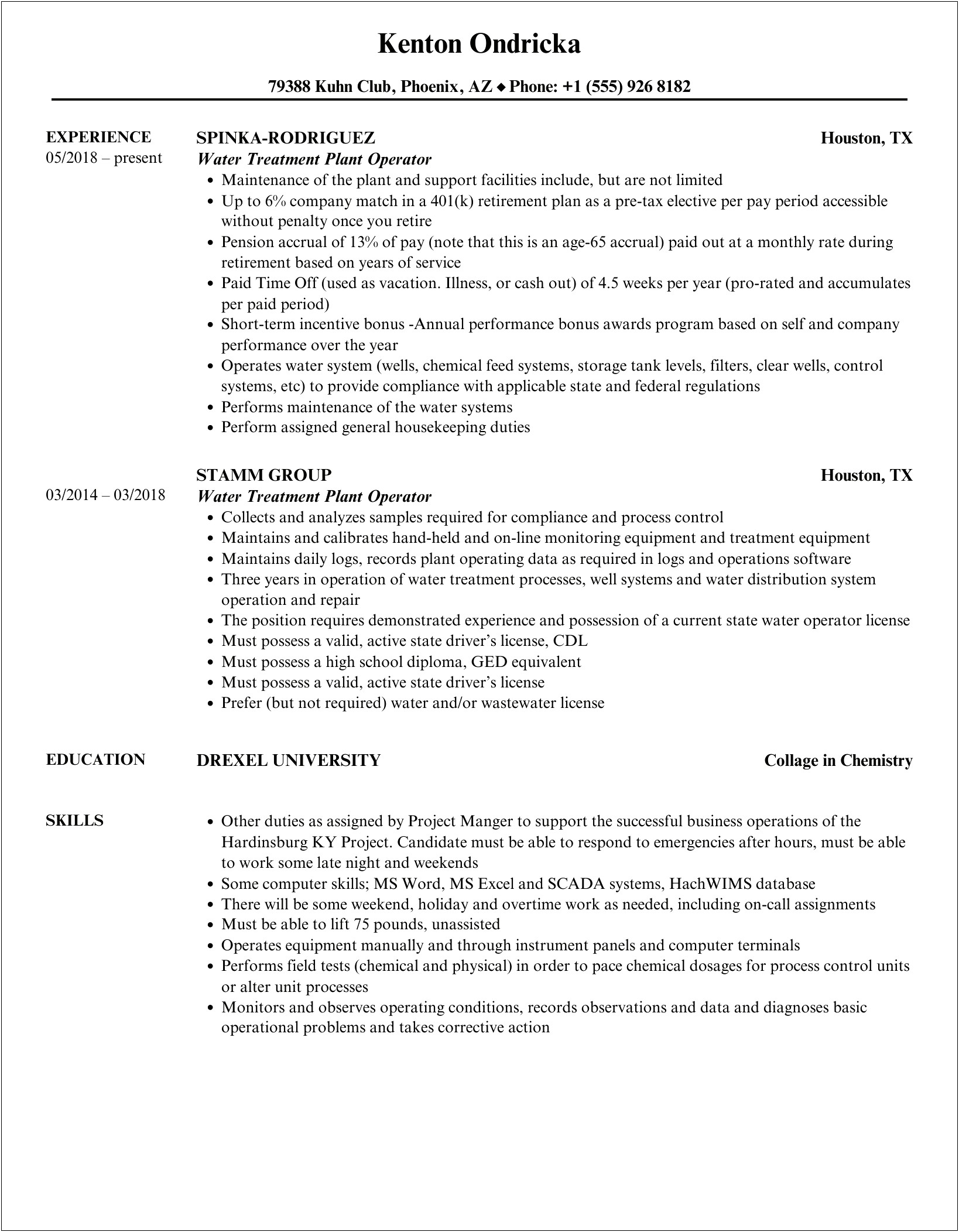 Water Operator Job Description For Resume