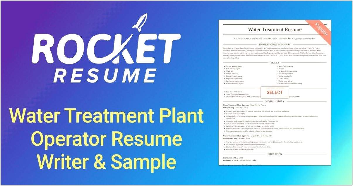 Water Treatment Plant Operator Resume Sample
