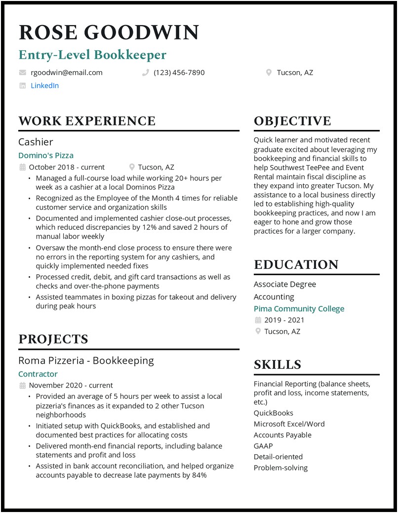 Way To Say Experience With Quickbookson Resume