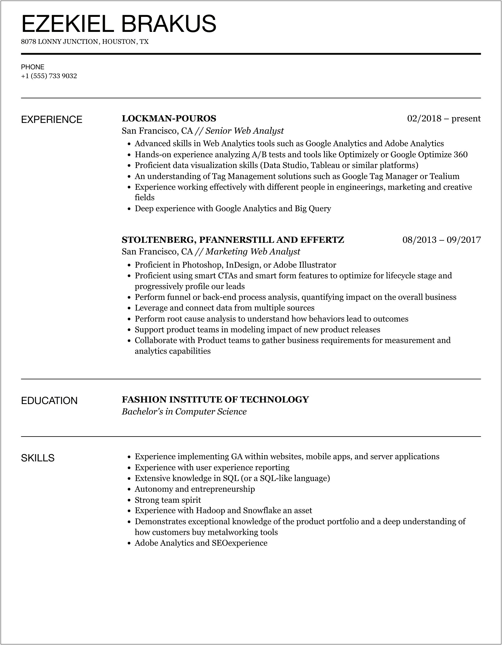 Web Analyst Specialist Resume Summary Example
