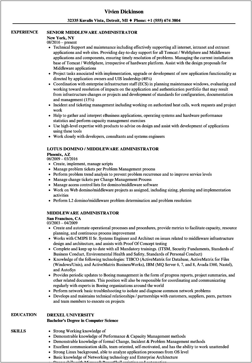 Websphere Application Server Experience Sample Resumes Doc Format
