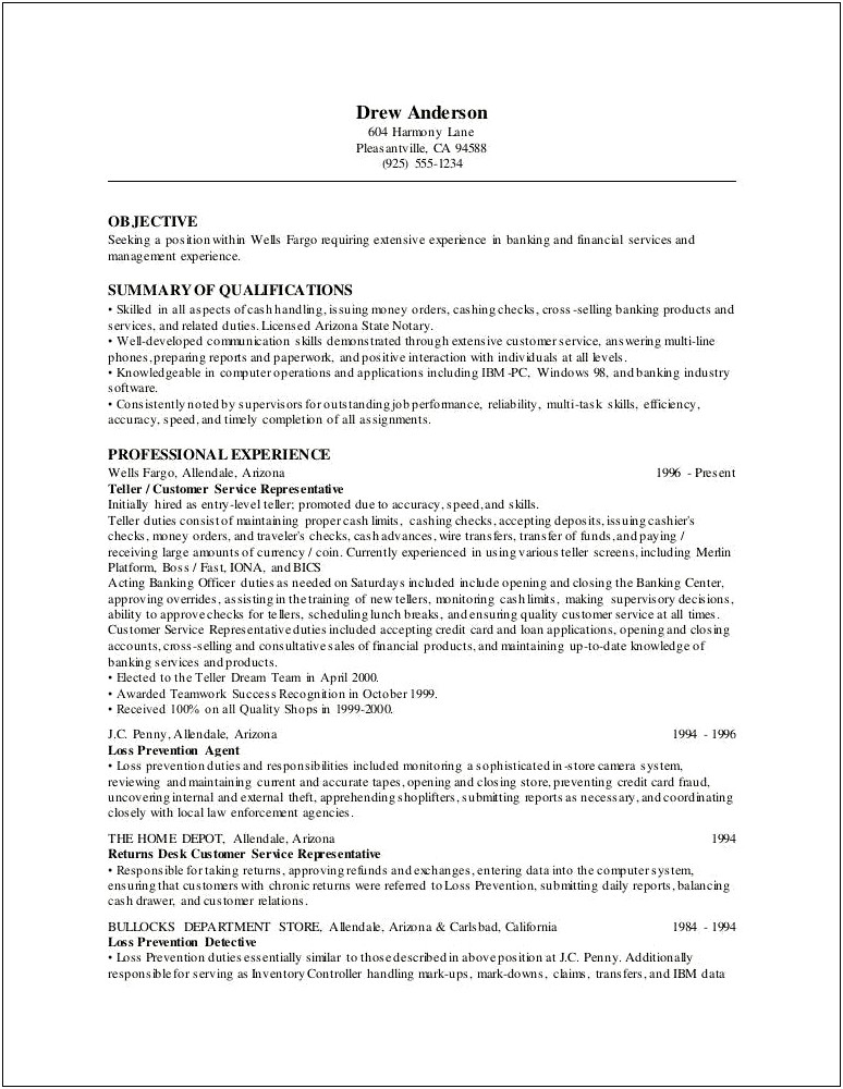 Wells Fargo Teller Job Description For Resume