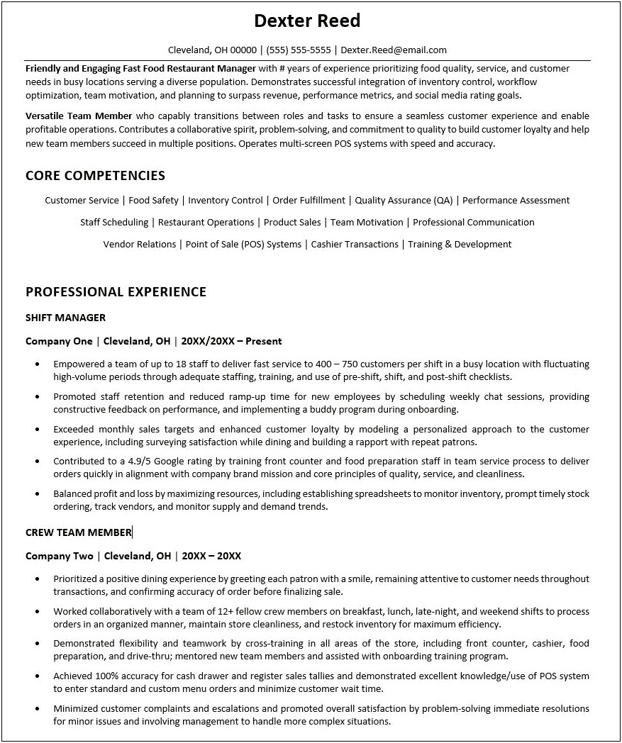 Whataburger Team Member Job Description For Resume