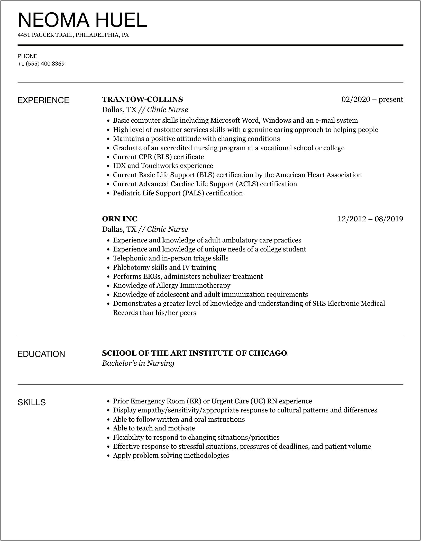 Where To Put Minor On Resume Experience Nurse