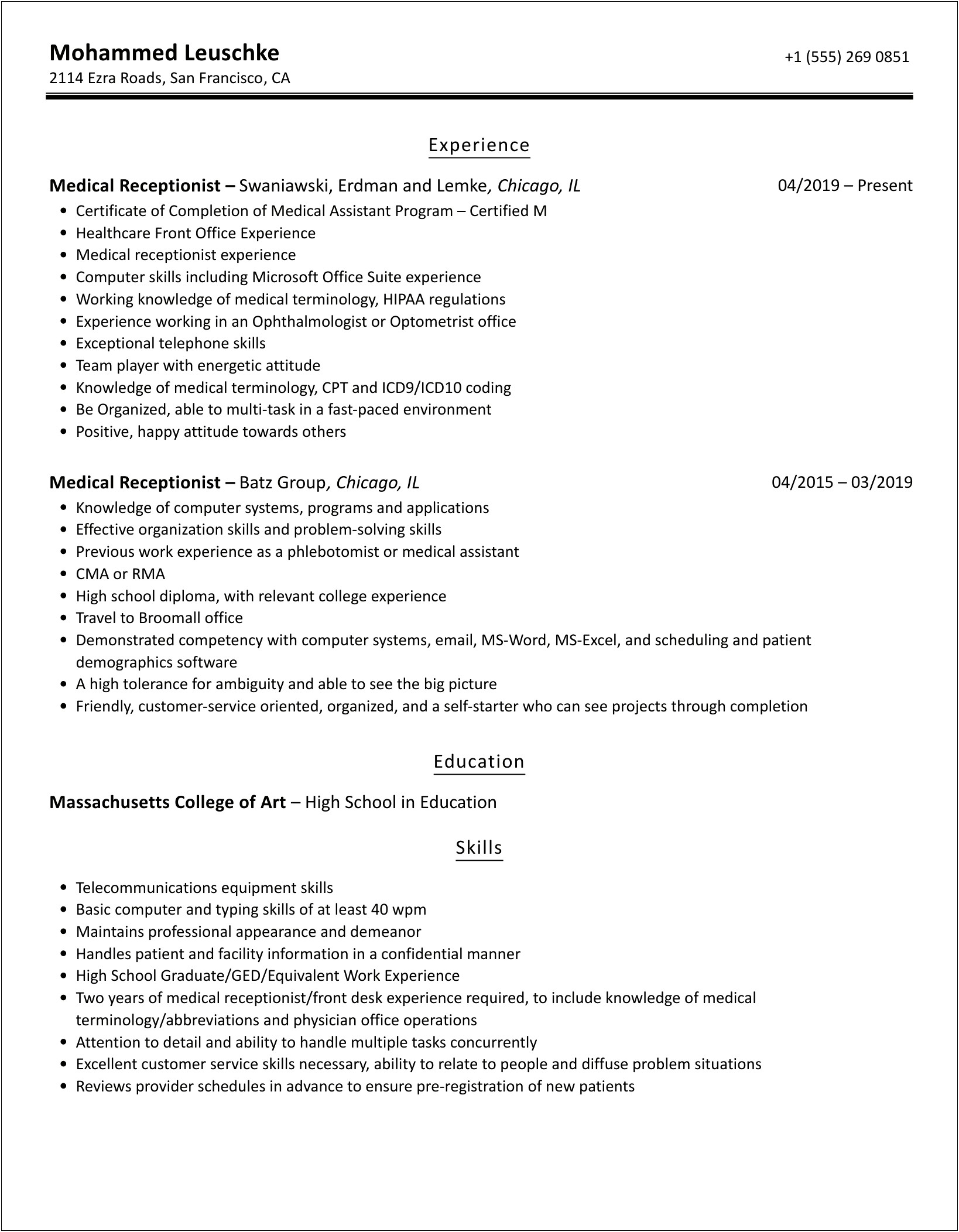 Winning Resume Template For Durable Medical Equipment Receptionist