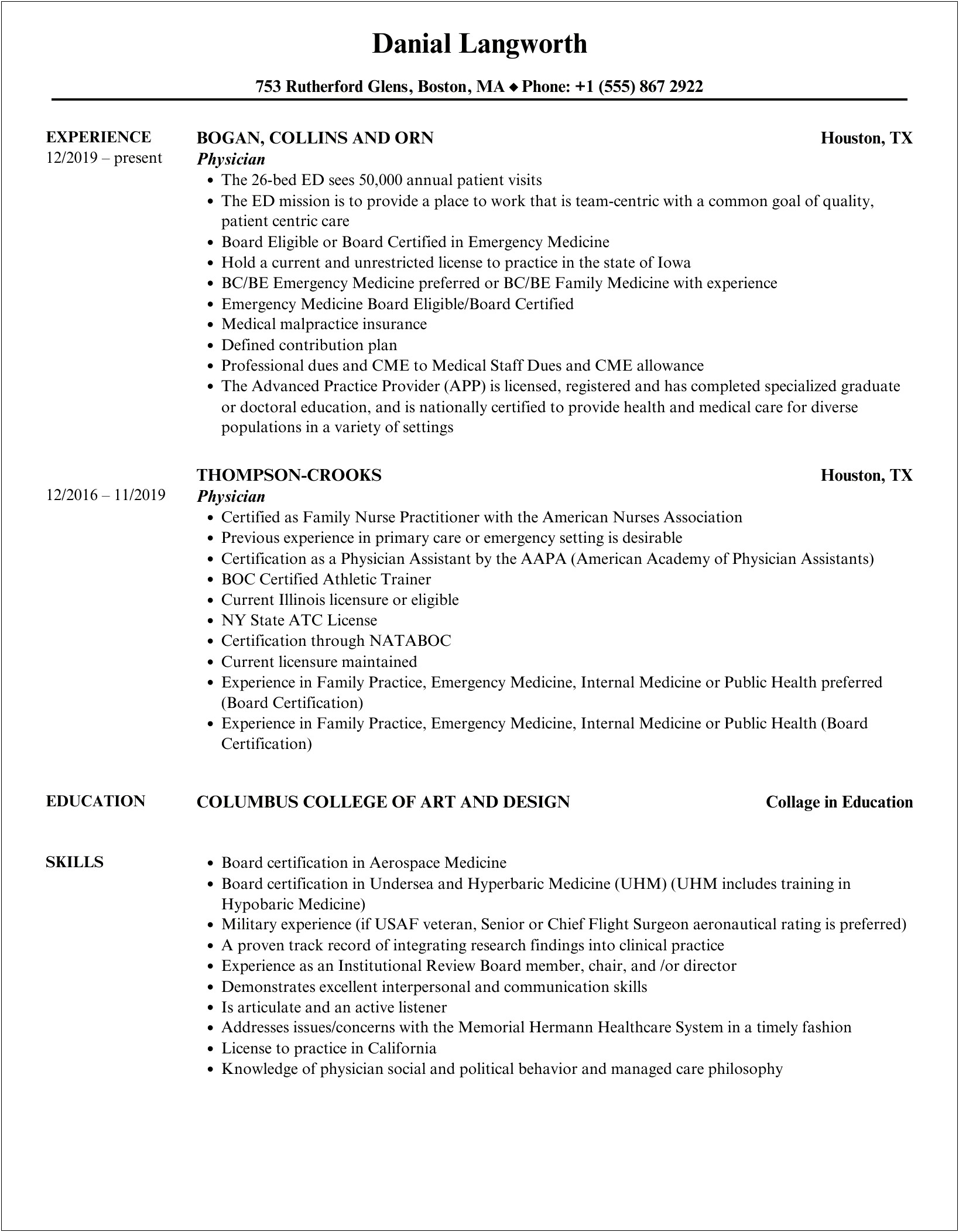 Wisonsin Physician Services In Resume Examples