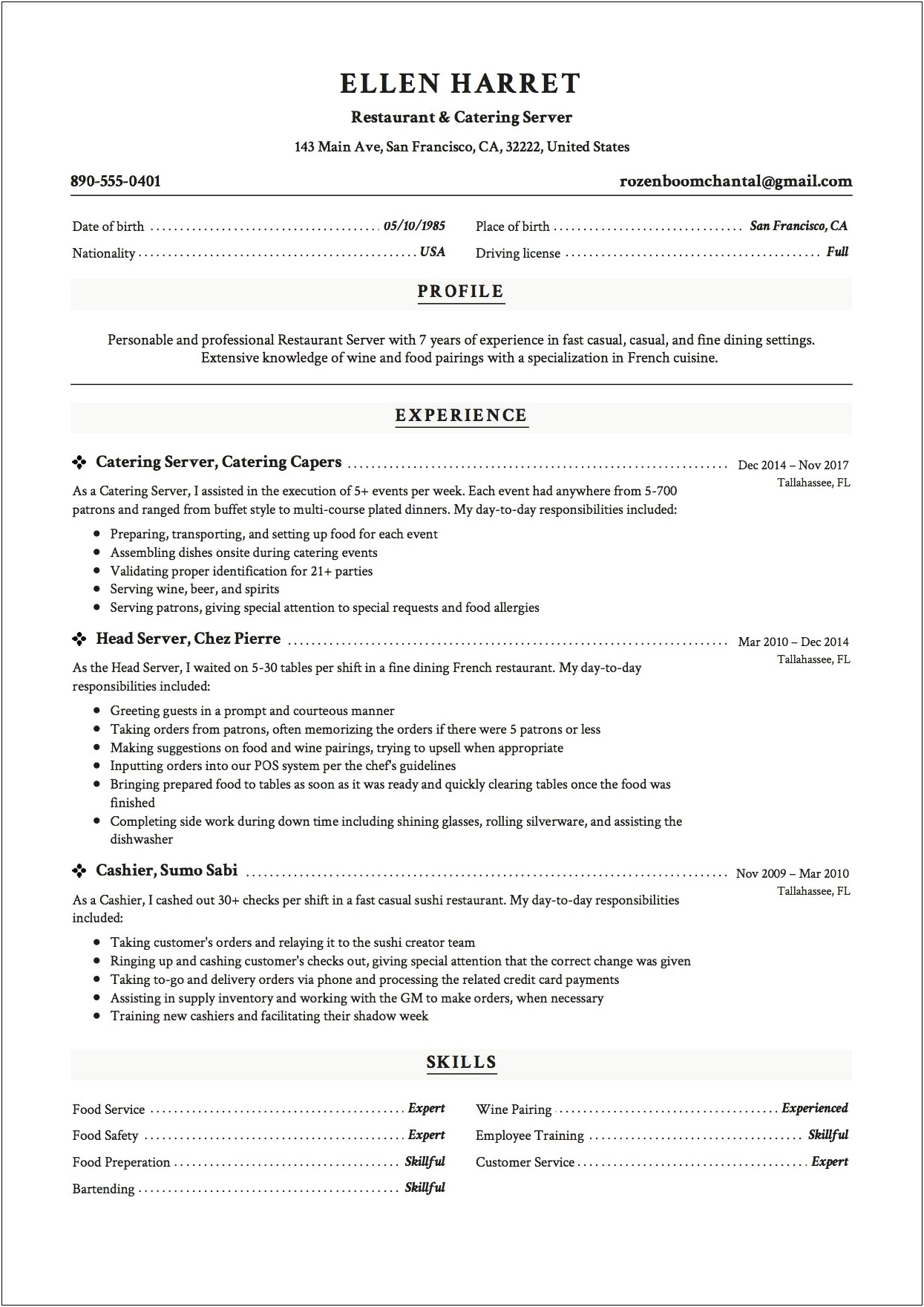 Word Downloadable Resume Templates For Restaurant Servers
