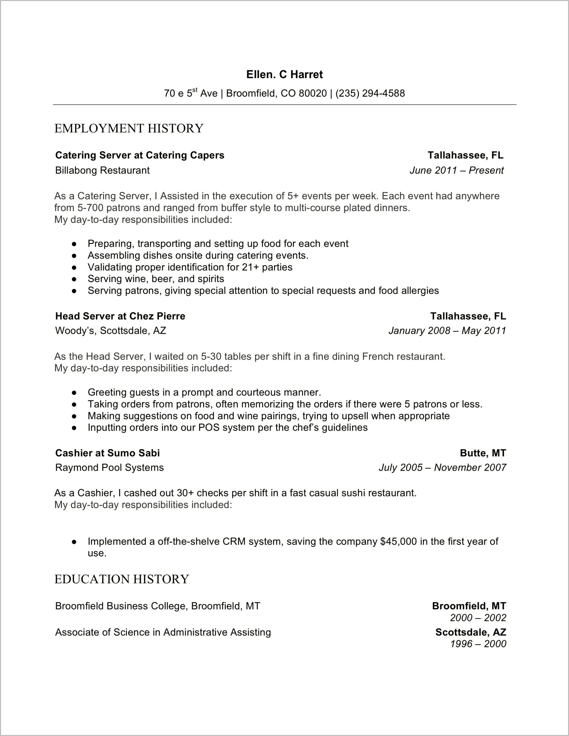 Word Downloadable Resume Templates For Resteraunt Servers