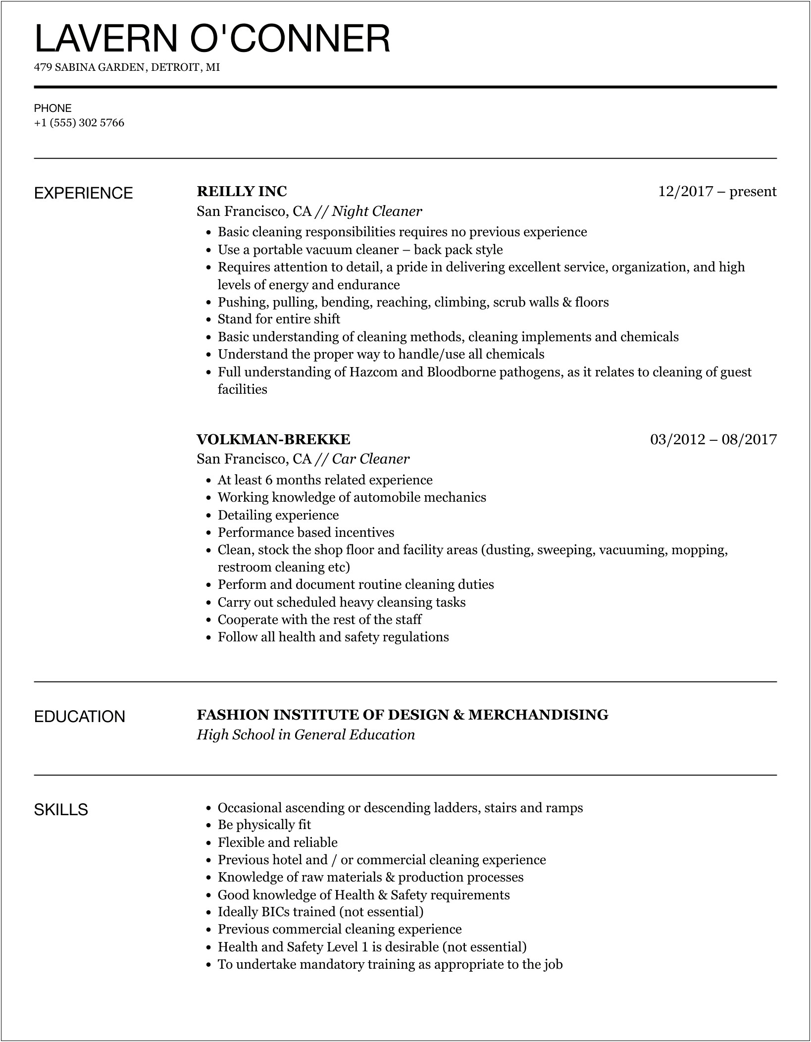 Wording Cleaning Job Well For Resume