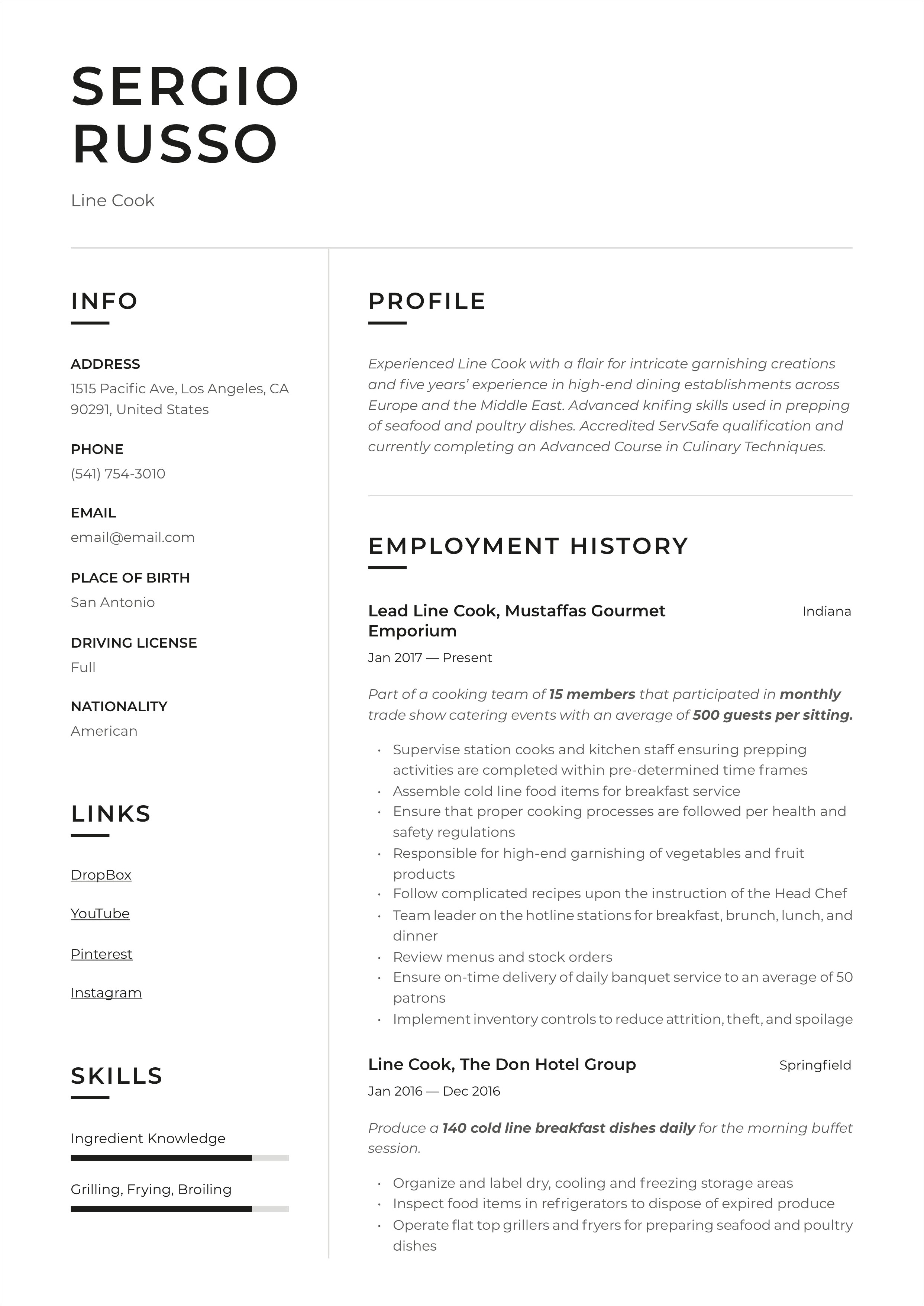 Wording For A Line Cook On A Resume