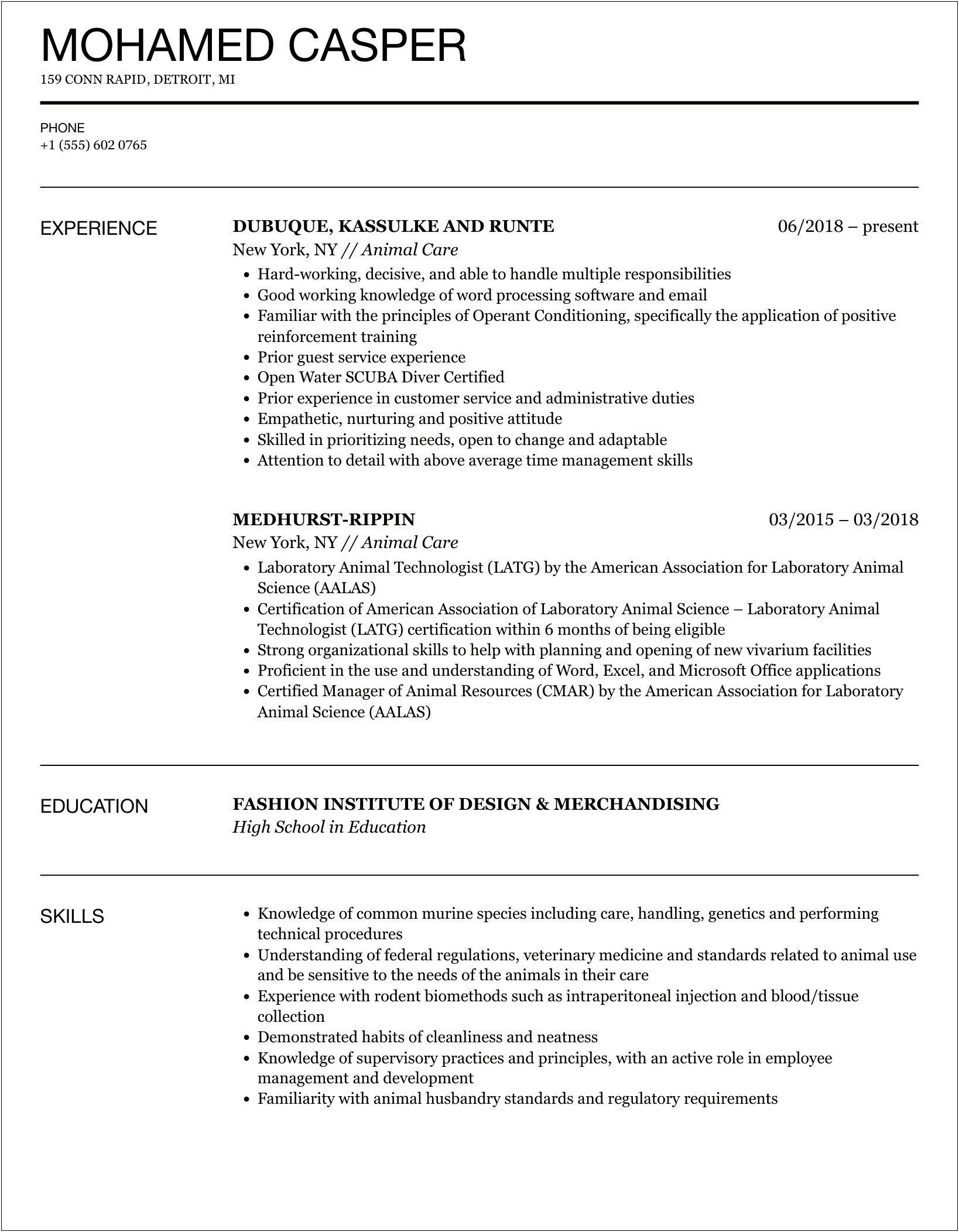 Words For Resume Working With Animals