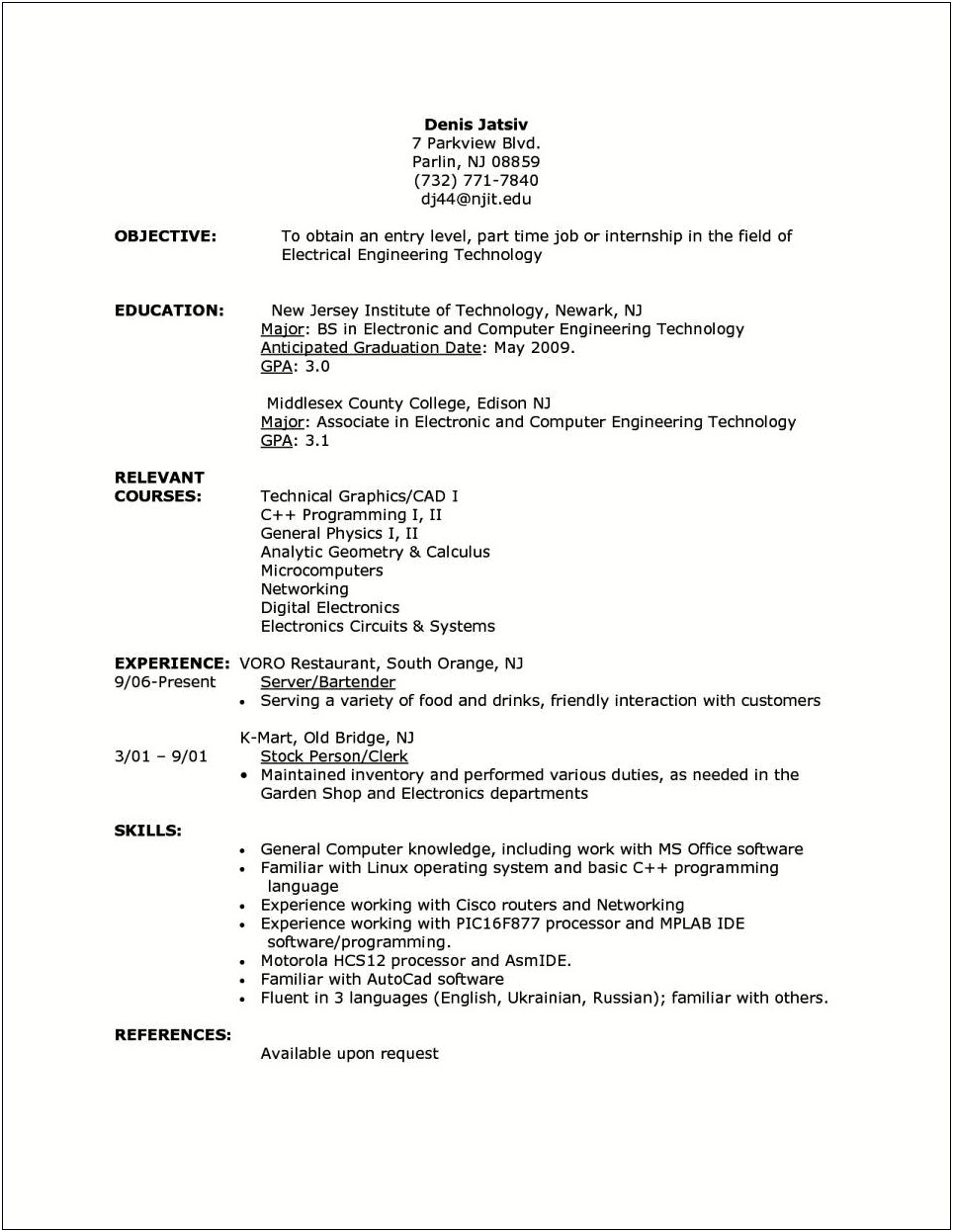 Work Availability In A Part Time Resume
