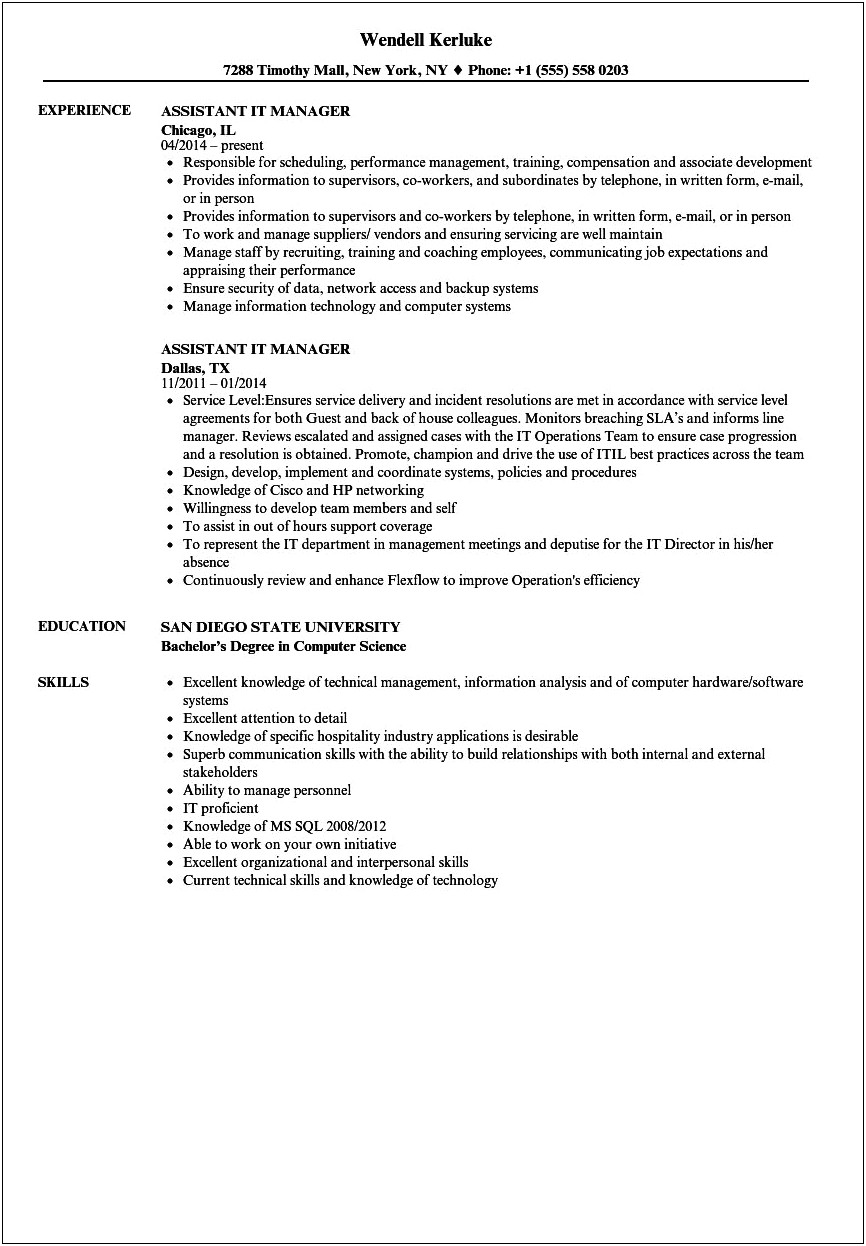 Work Experience As Assistant Manager For Resume