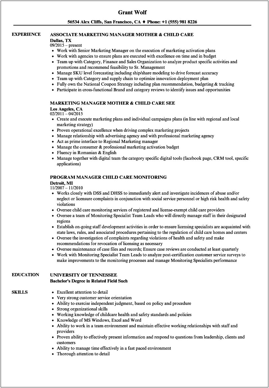Work Experience For Child Care On Resume Examples