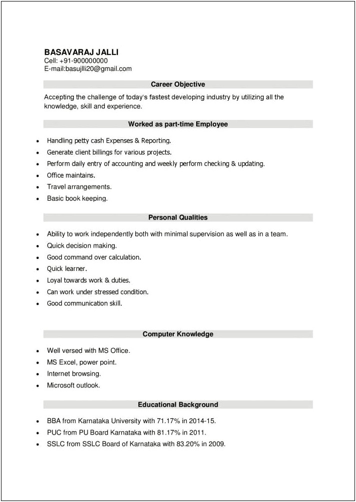 Work Experience For Freshers In Resume
