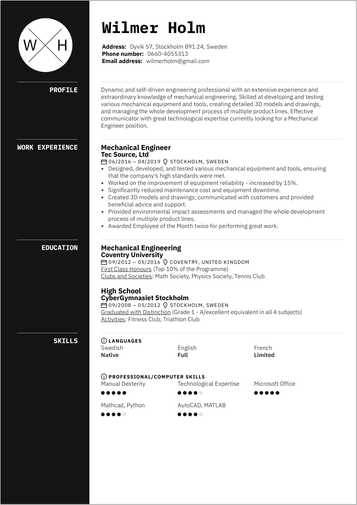 Work Experience In Resume For Mechanical Engineer