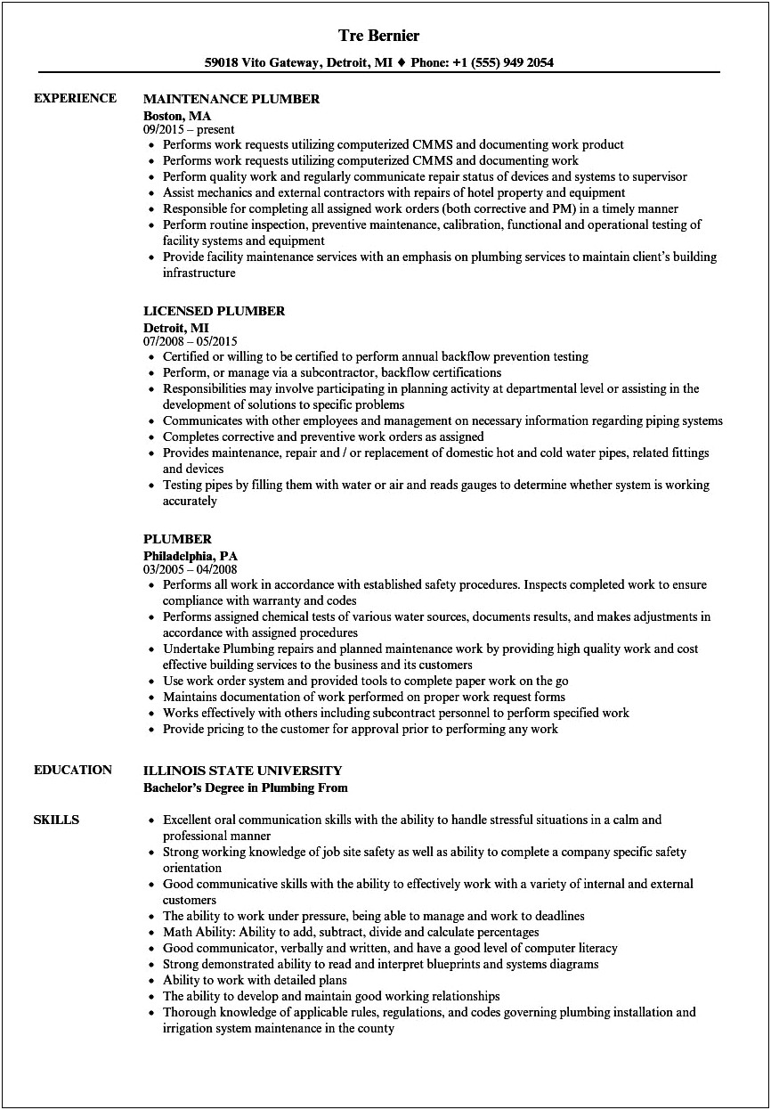 Work Experience Of A Pool Plumber For Resume