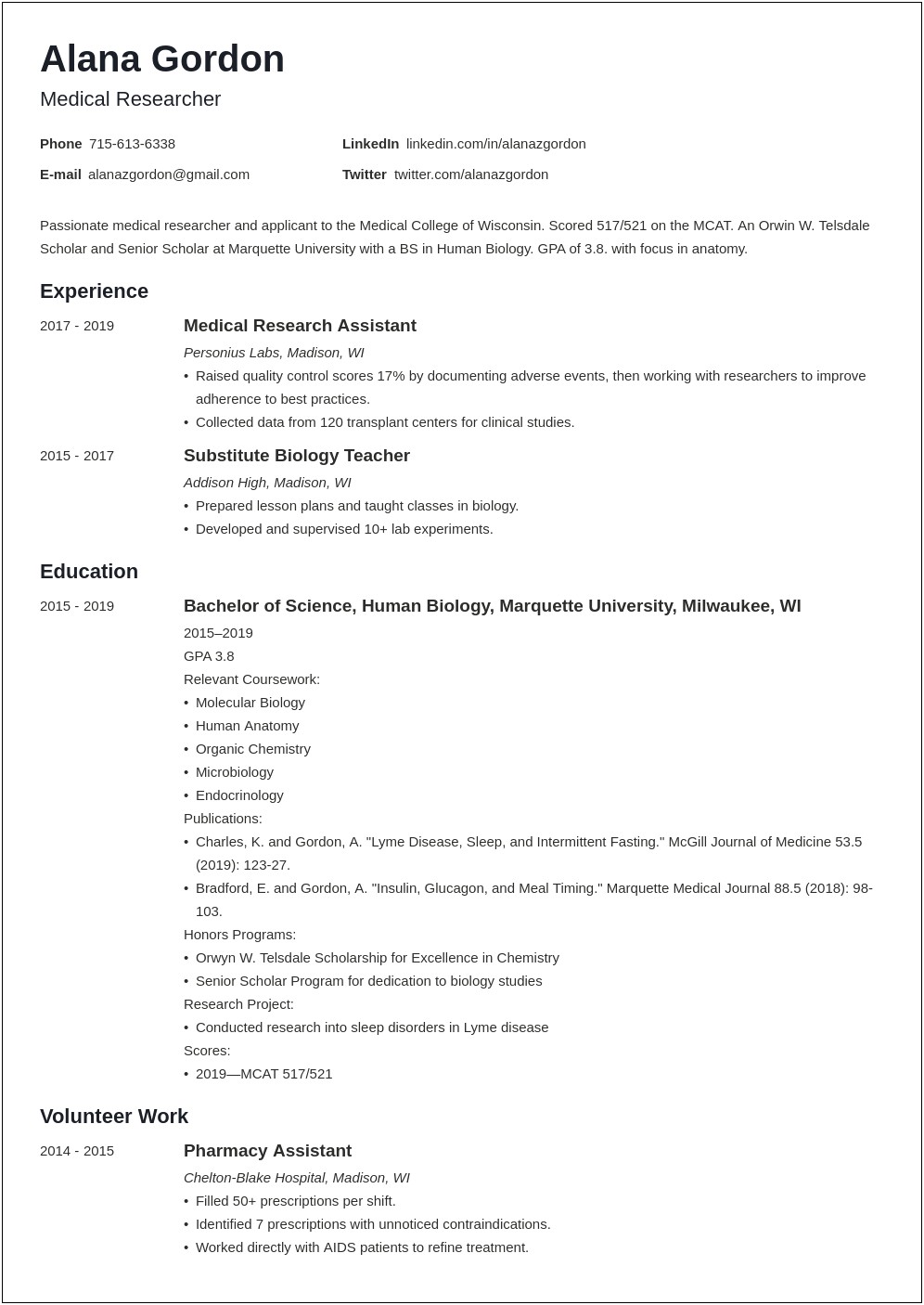 Work Experience On Resume For Medical School