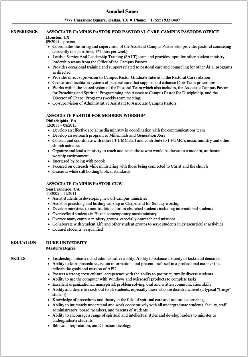 Work Experience Resume For Church Ministry Assistant