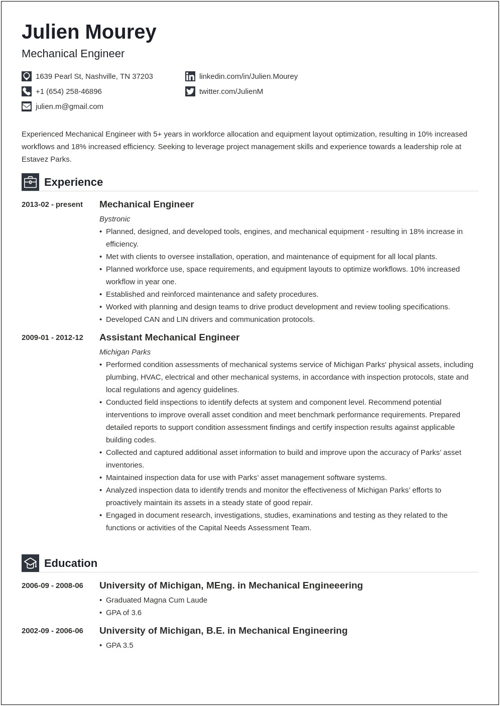 Work Experience Resume For Mechanical Engineer