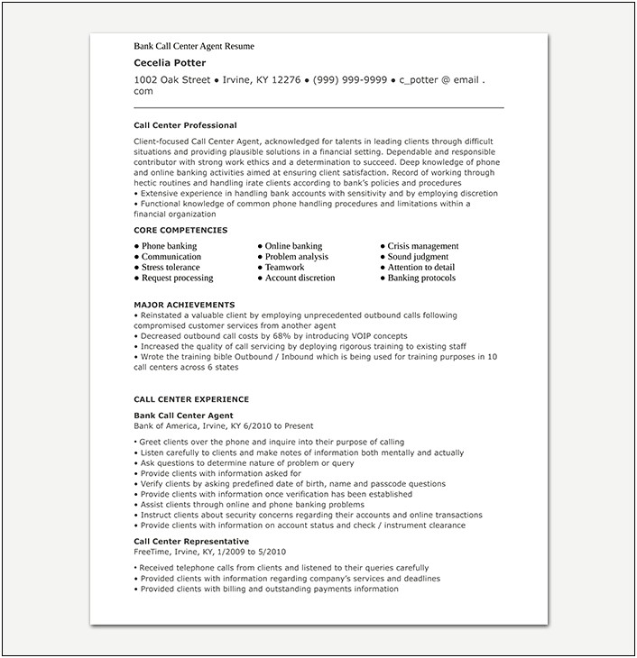 Work From Home Call Center Resume