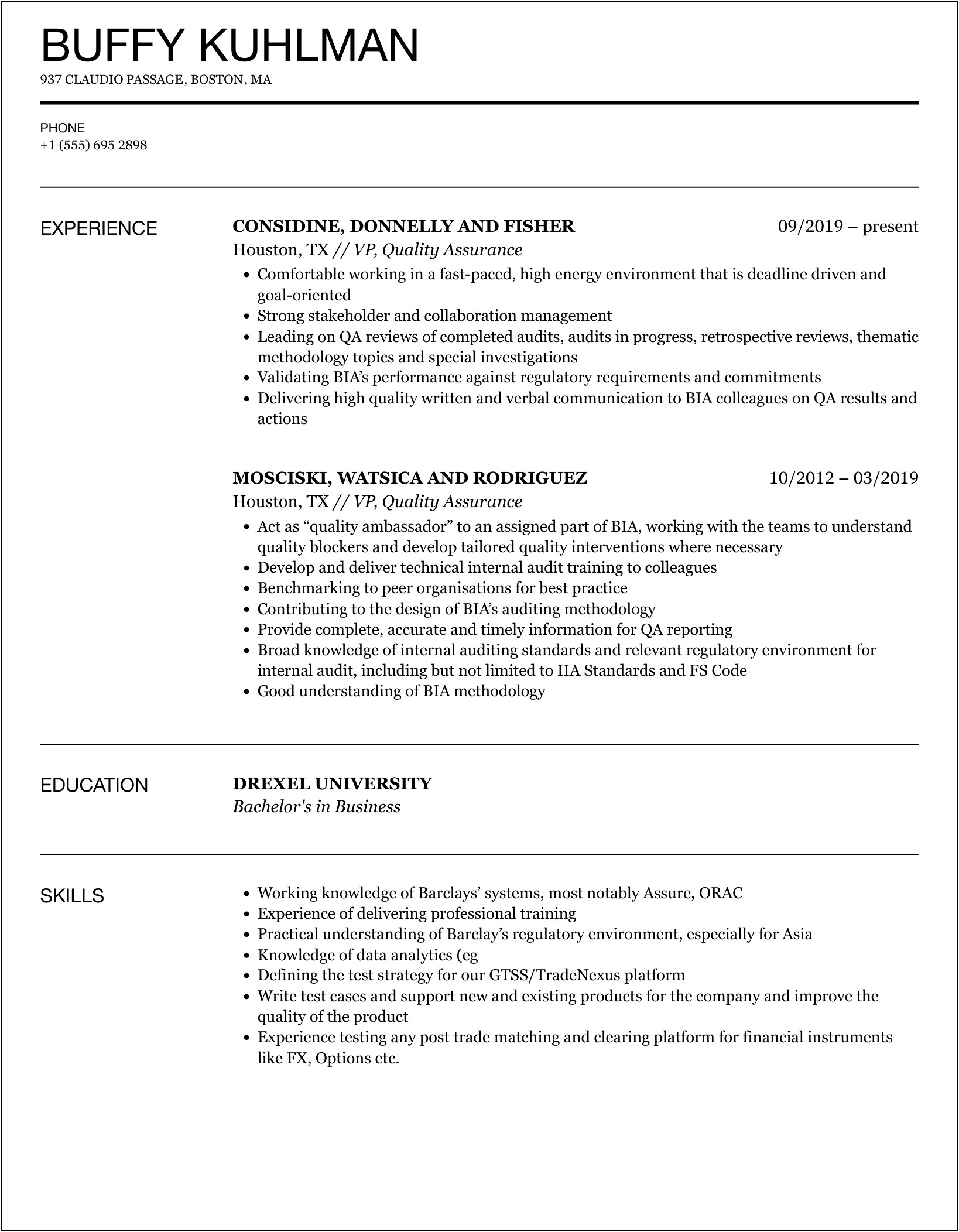 Worked Directly With Vice President Resume