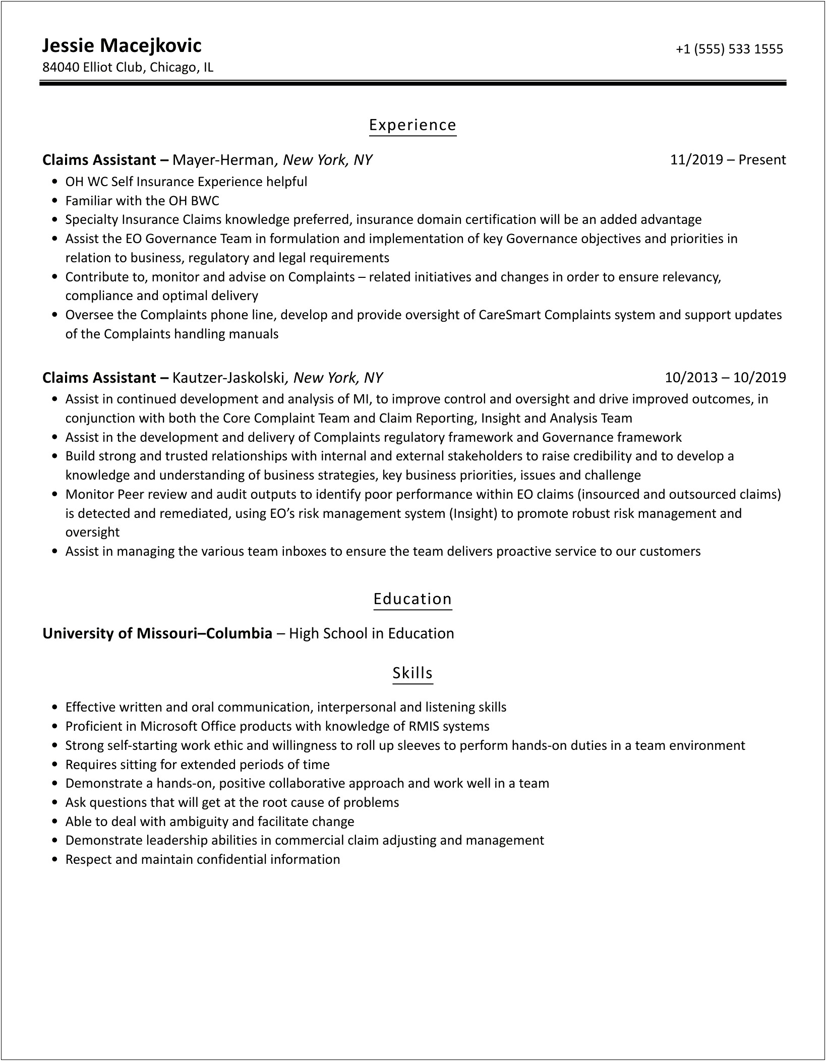 Workers Compensation Claims Assistant Example Resume