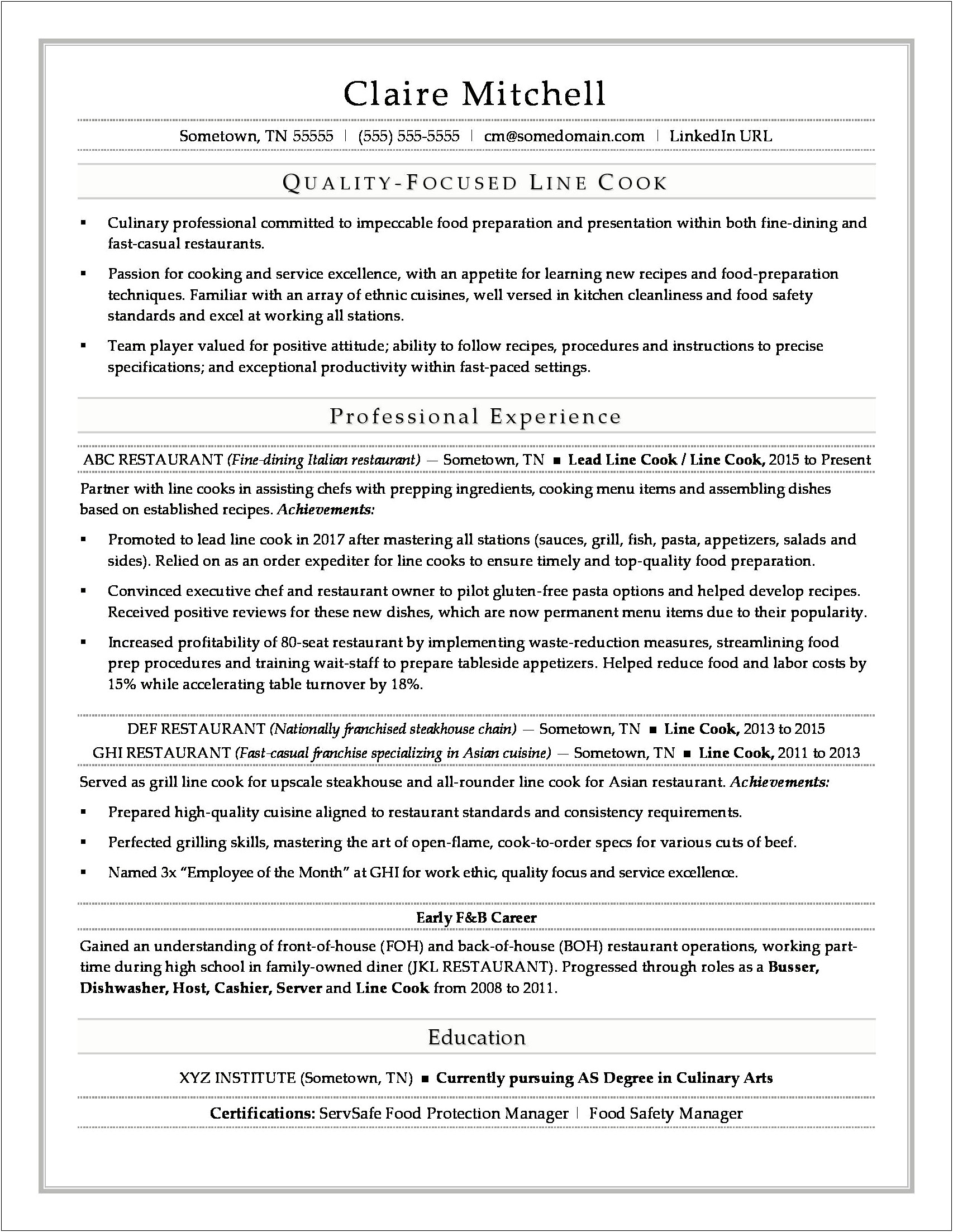 Working At A Restaurant On Resume