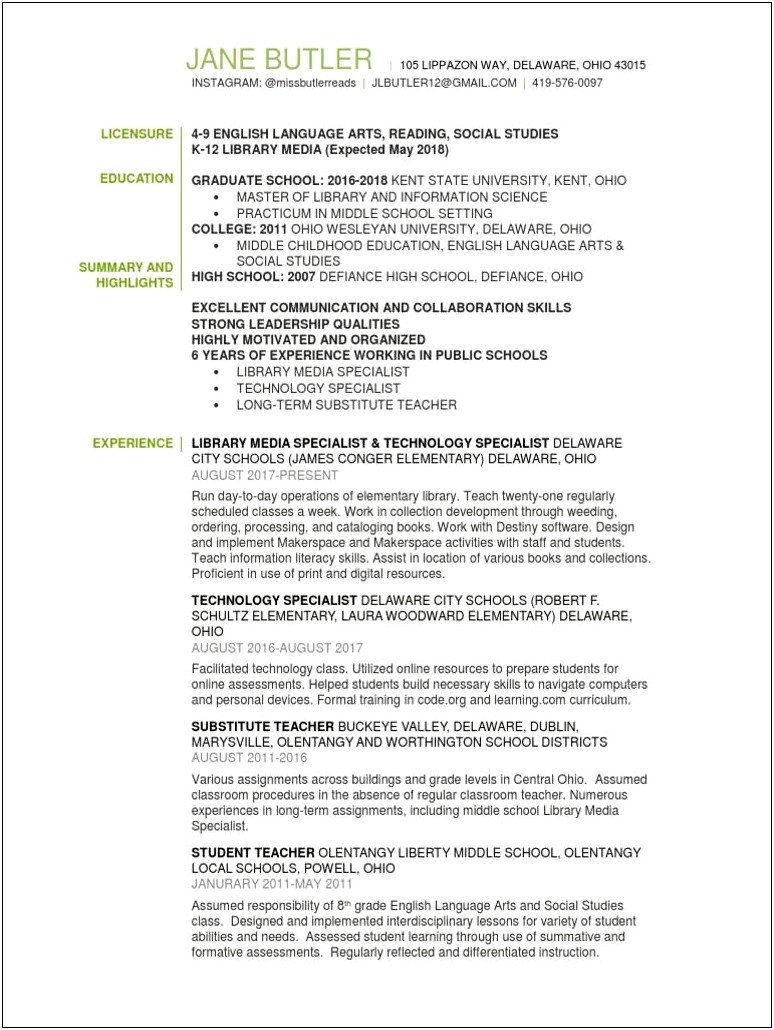 Working In A School Library Resume Summary