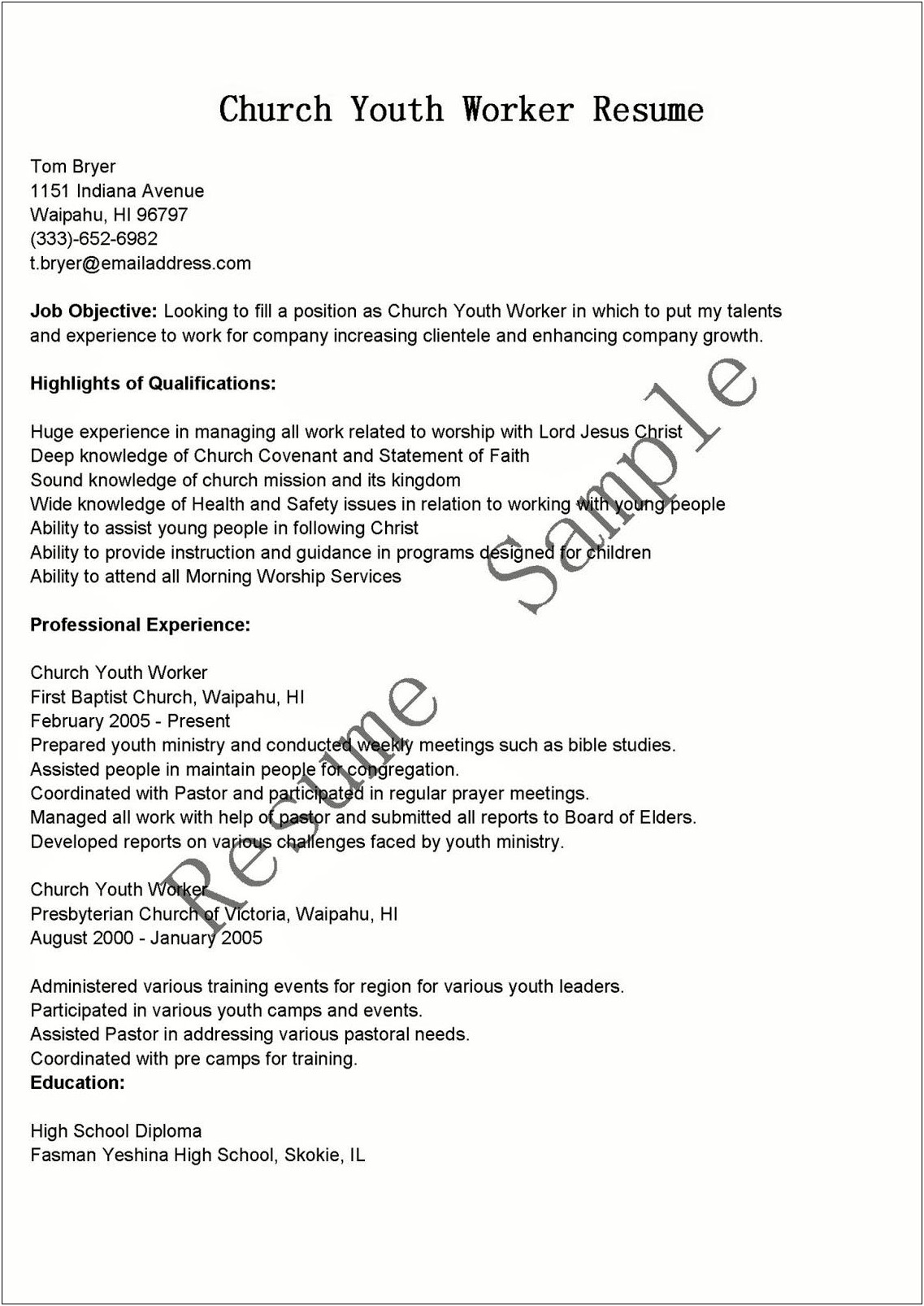 Working With At Risk Youth Resume