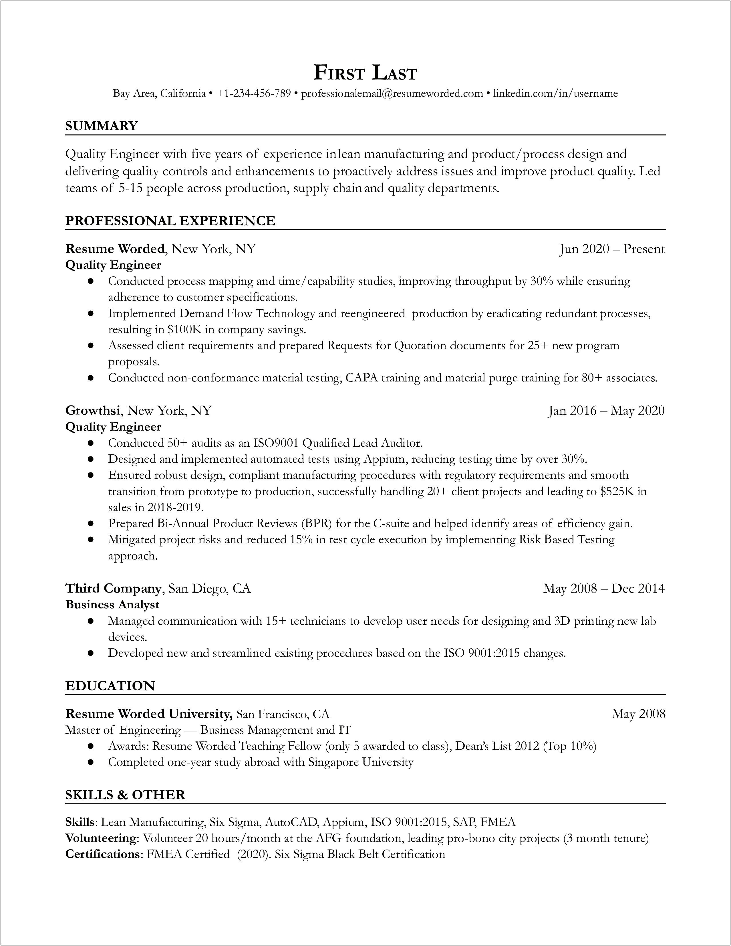 World Class Manufacturing Test Technician Resume Samples