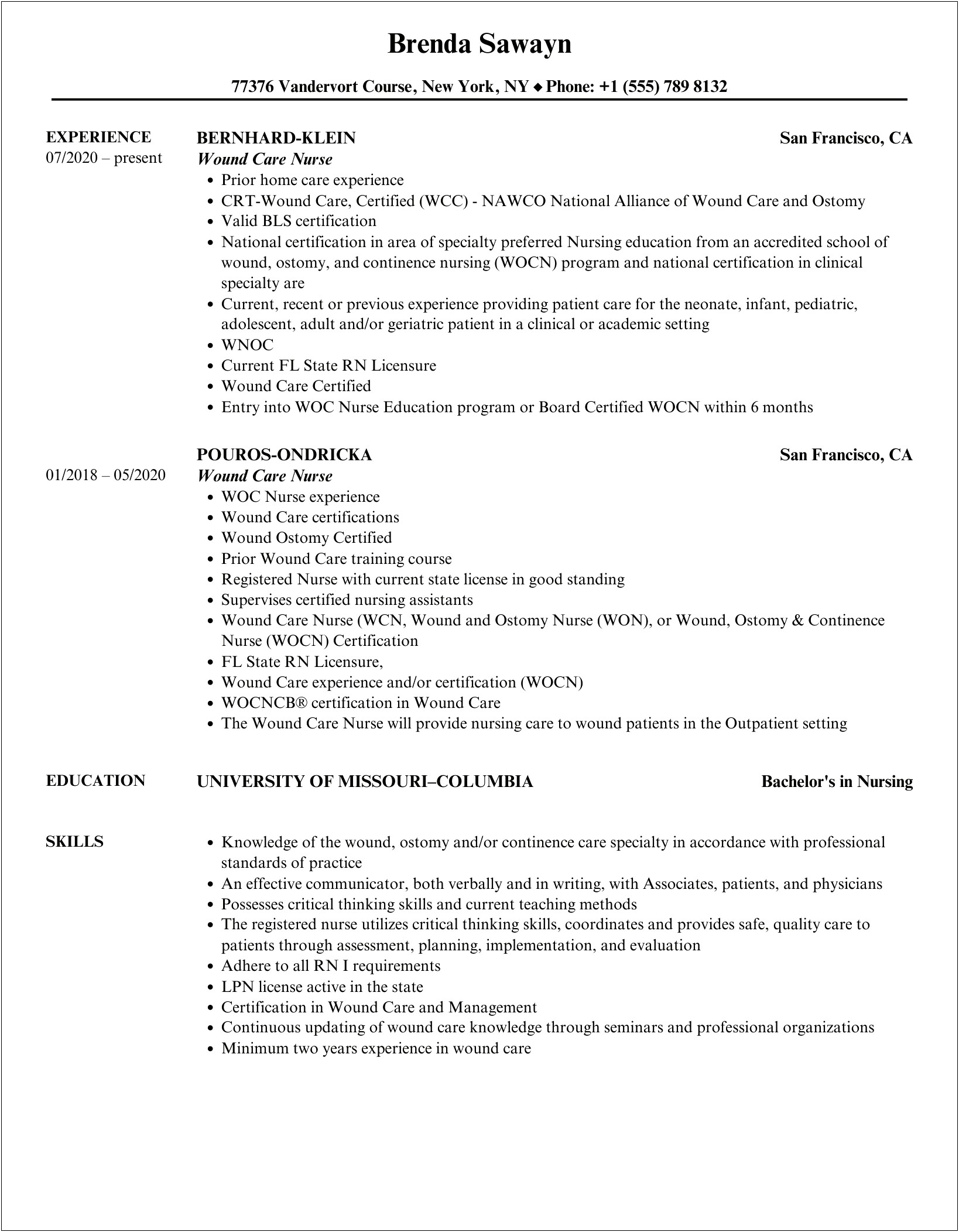 Wound Care Nurse Job Description Resume