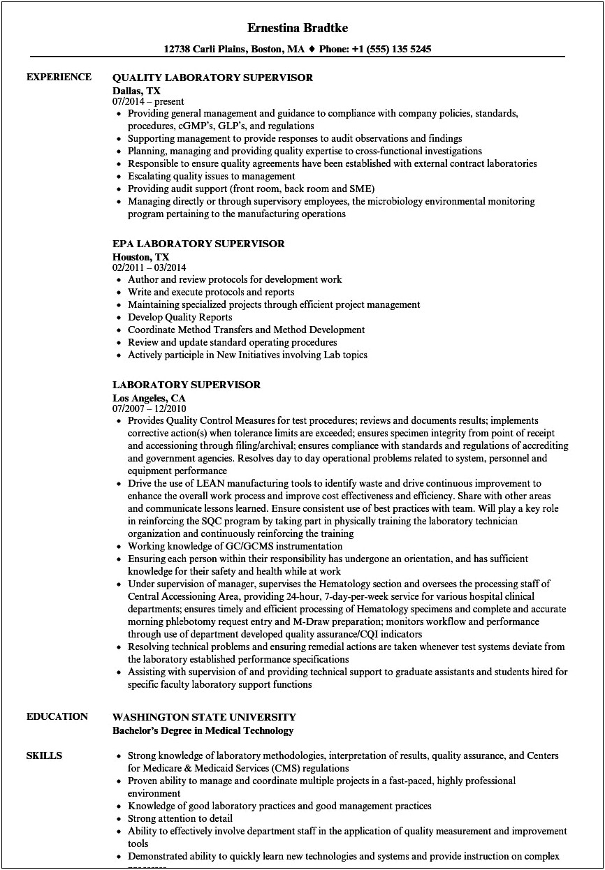 Writing Resume For Laboratory Management Position