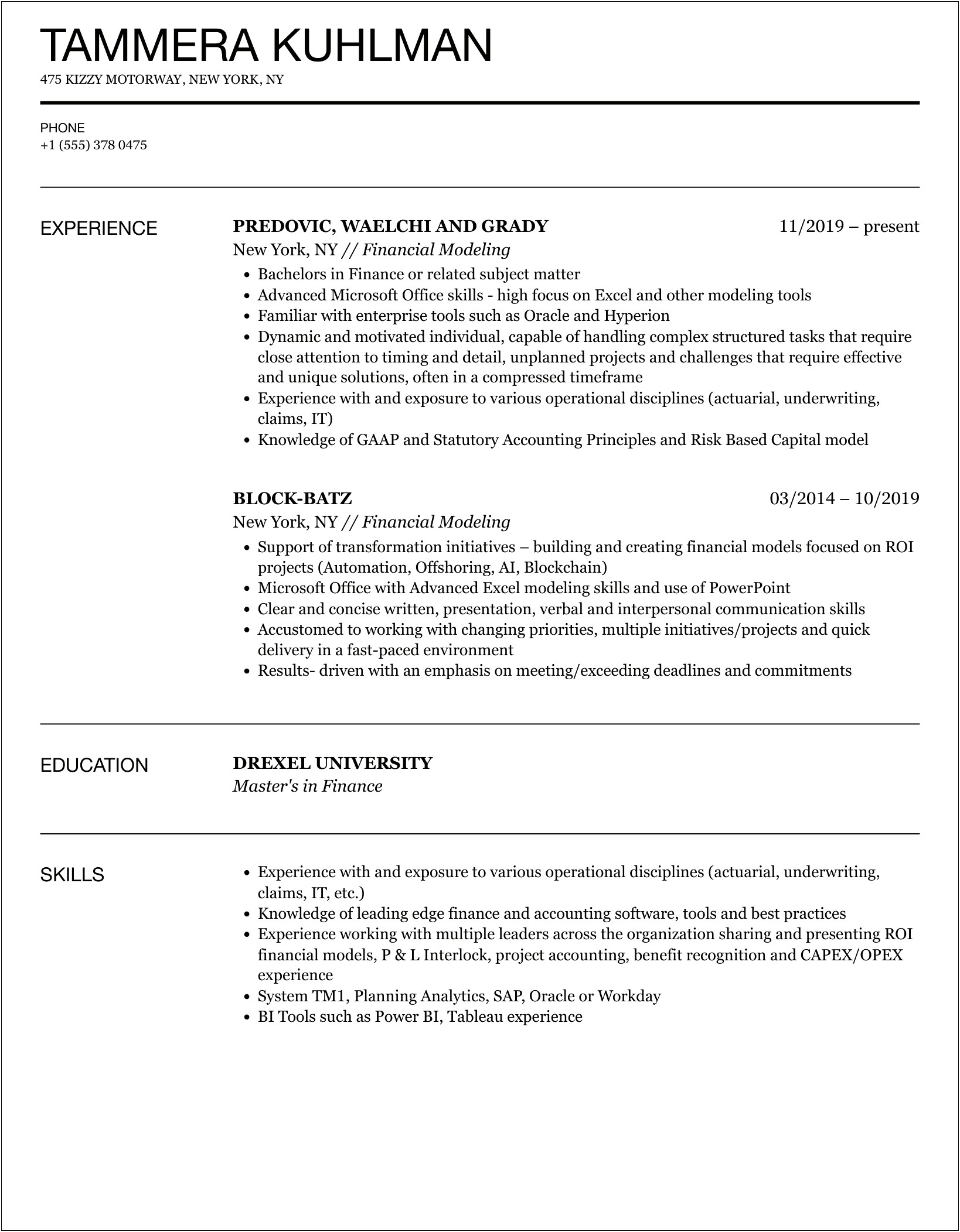 Wso Financial Modeling Experience On Resume