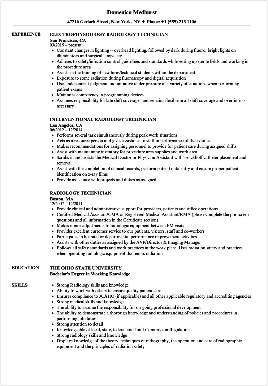 X Ray Technician Job Description For Resume