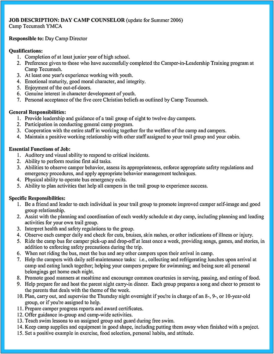 Ymca Counselor Job Description For Resume